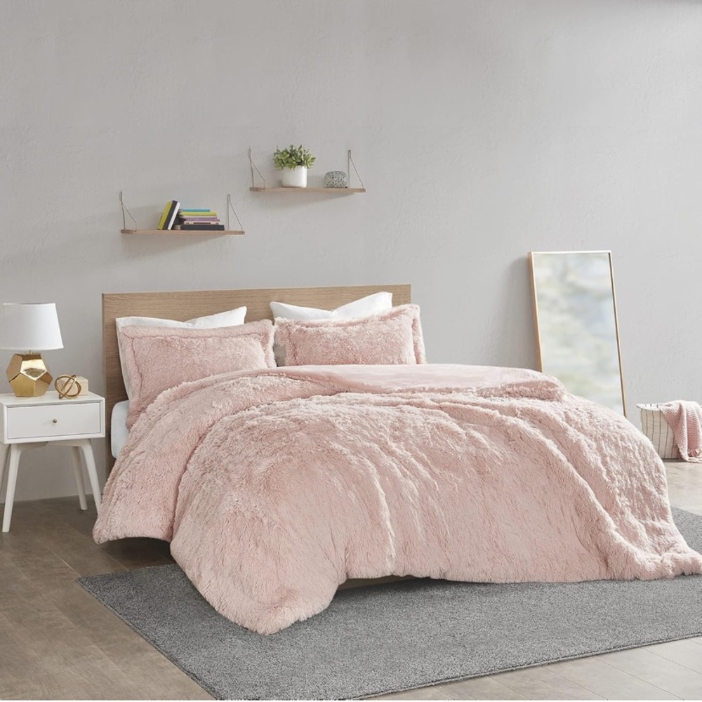 Intelligent Design Shaggy Faux Fur Duvet Cover, w/ Matching Sham, Twin, Blush
